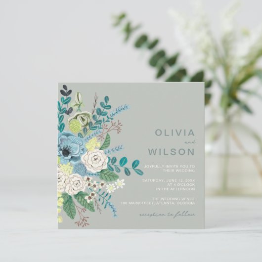 Grüne Hochzeit mit Blumen Einladung (Stehend Vorderseite)