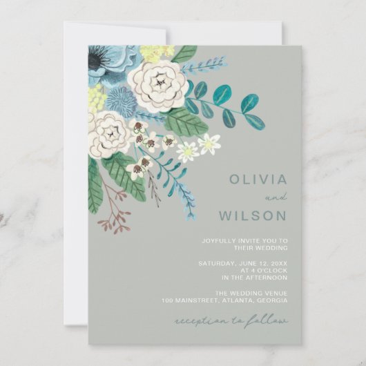 Grüne Hochzeit mit Blumen Einladung (Vorderseite)