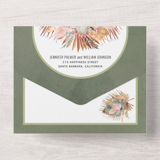 Grüne Hochzeit mit getrockneten Palmen und Pampas All In One Einladung (Rückseite)