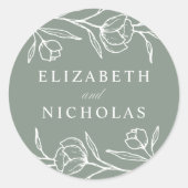 Grüne Hochzeit mit gezeichneter Blütenpracht Runder Aufkleber (Vorderseite)