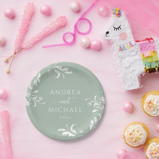 Grüne Hochzeit mit hellem Hintergrund Eleganter Lu Pappteller (Party)