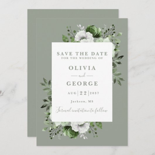Grüne Hochzeit mit moderner Wasserfarbe Save The Date (Vorne/Hinten)