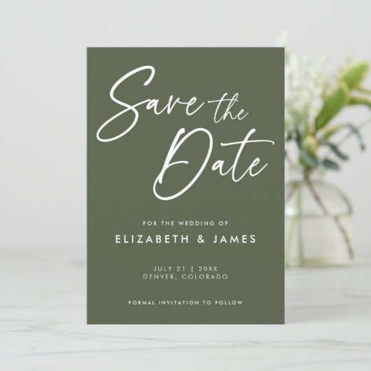 Grüne Hochzeit mit Olivenöl retten das Datum der E Einladung (Stehend Vorderseite)