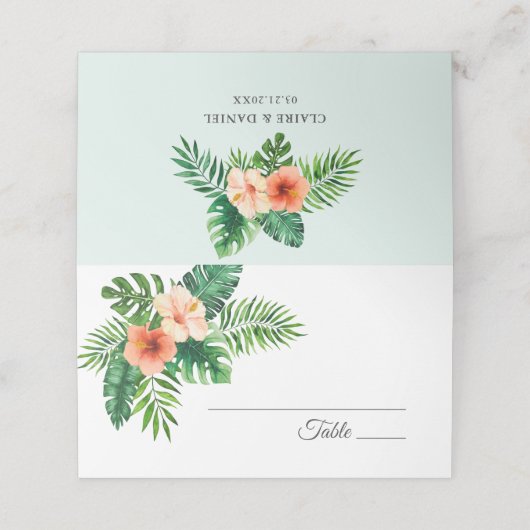 Grüne Hochzeit mit tropischer Wasserfarbe Platzkarte (Außenseite Aufgefaltet)