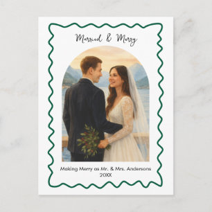 Grüne Hochzeit und fröhliche erste Weihnachtsfoto Feiertagspostkarte
