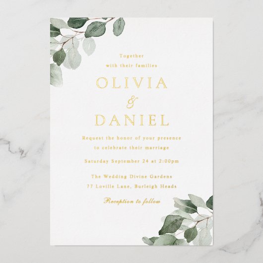 Grüne Hochzeit und Goldfoileien Folieneinladung (Vorderseite)