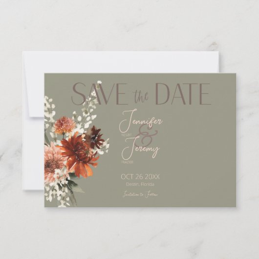 Grüne Hochzeit von Boho Rust & Neutral Fall Save The Date (Vorderseite)