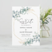 Grüne Hochzeit von Botanischem Gold Eukalyptus Save The Date (Stehend Vorderseite)