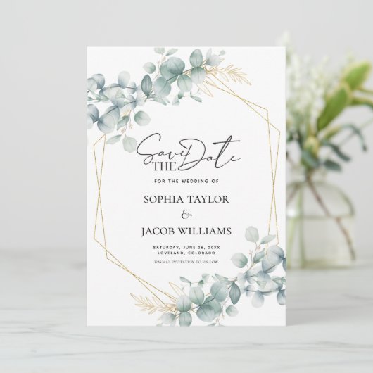 Grüne Hochzeit von Botanischem Gold Eukalyptus Save The Date (Stehend Vorderseite)