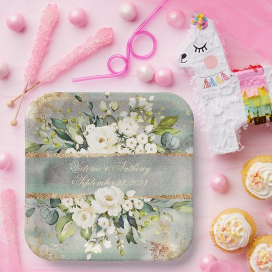 Grüne Hochzeit von weißem Gold, botanisch-blumenge Pappteller (Party)