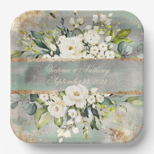 Grüne Hochzeit von weißem Gold, botanisch-blumenge Pappteller (Vorderseite)