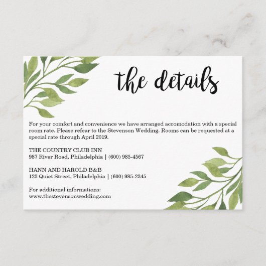 Grüne Hochzeitsdetails einfügen Karte botanisch (Vorderseite)