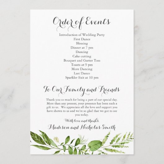 Grüne Hochzeitsempfangsprogramme, rustikale Vegeta Programm (Rückseite)
