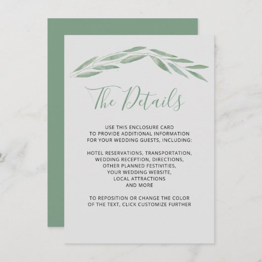 Grüne Hochzeitskarte, botanische Encl Begleitkarte (Vorne/Hinten)