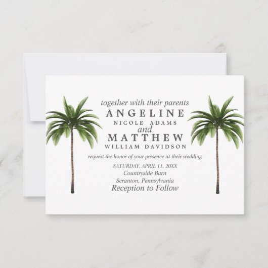Grüne Hochzeitskarte des tropischen Palmenbaums Einladung (Vorderseite)