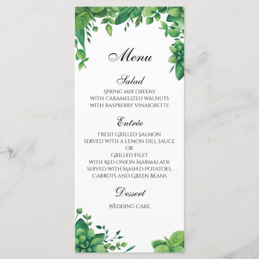 Grüne Hochzeitskarte draußen. Speisekarte Menükarte (Vorderseite)