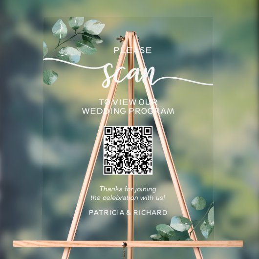 Grüne Hochzeitsprogramm QR-Code Acrylschild (Neutral)