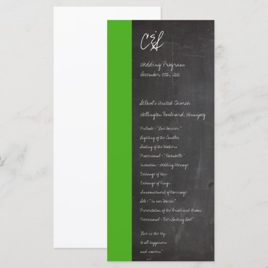 Grüne Hochzeitsprogramme im Chalkboard Programm (Vorne/Hinten)