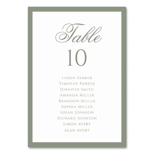 Grüne Hochzeitstabelle für formale klassische Seit Tischnummer (Vorderseite)