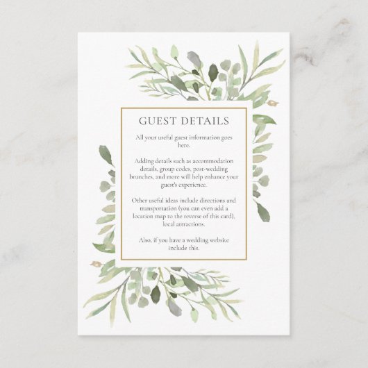 Grüne Hochzeitsunterkunft Gastdetails Begleitkarte (Vorderseite)