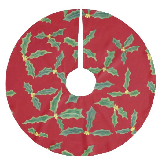 Grüne Holly Verlasse Gelbe Blumen Rote Baumröcke Polyester Weihnachtsbaumdecke (Vorderseite)