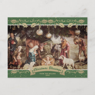 Grüne Holly-Weihnachtskrippe Christliches Foto Feiertagspostkarte