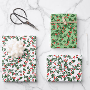 Grüne Holy mit rotem Berries Rustikales Wrapping P Geschenkpapier Set