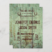 Grüne Hufeisenscheunen-hölzerne rustikale Hochzeit Einladung (Vorne/Hinten)