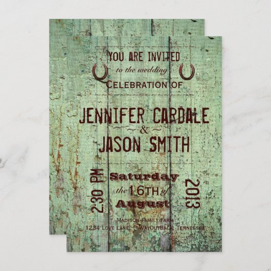Grüne Hufeisenscheunen-hölzerne rustikale Hochzeit Einladung (Vorne/Hinten)