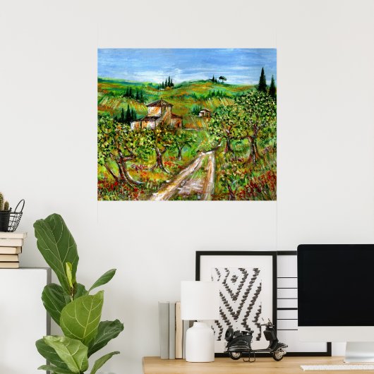 Grüne Hügel und Olivenbäume Landschaft Toskana Poster (Heimbüro)