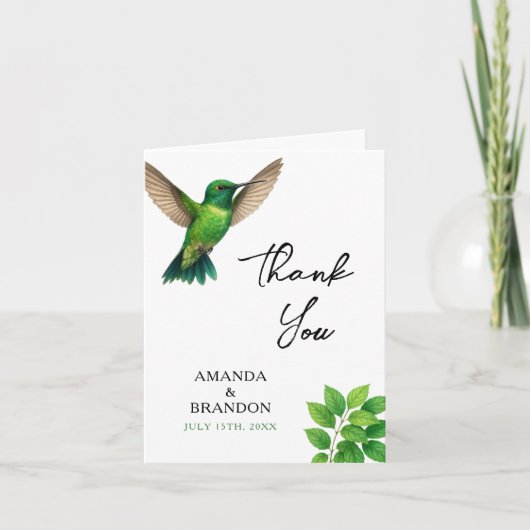 Grüne Hummingbird Leafy Botanische Hochzeit an der Dankeskarte (Vorderseite)