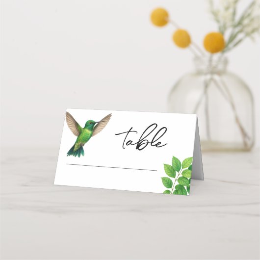 Grüne Hummingbird Leafy Botanische Hochzeit an der Platzkarte (Vorderseite)