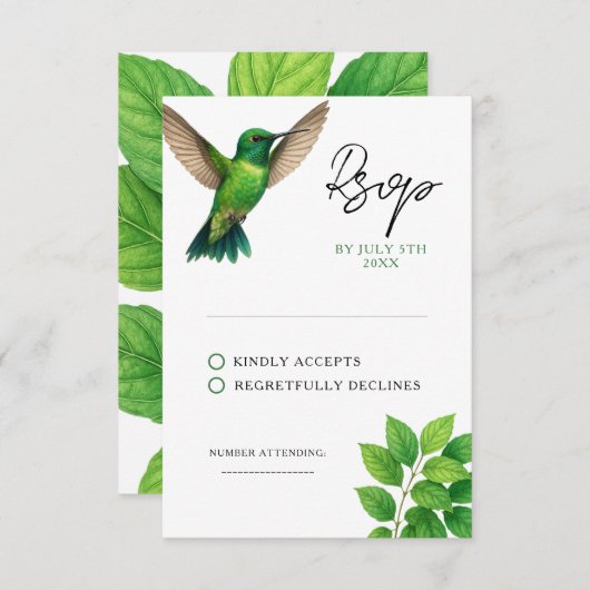 Grüne Hummingbird Leafy Botanische Hochzeit an der RSVP Karte (Vorne/Hinten)