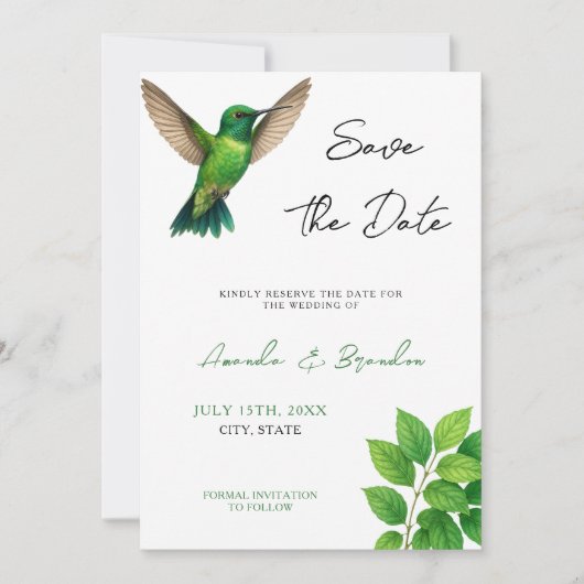 Grüne Hummingbird Leafy Botanische Hochzeit an der Save The Date (Vorderseite)