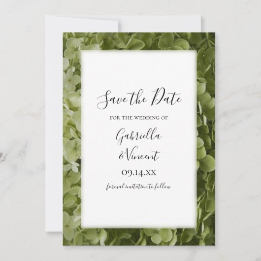 Grüne Hydrangea-Blume Hochzeit retten Datum Save The Date (Vorderseite)
