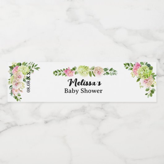 Grüne Hydrangea Rosa Blumenballoons Wasserflaschenetikett (Einzelnes Label)