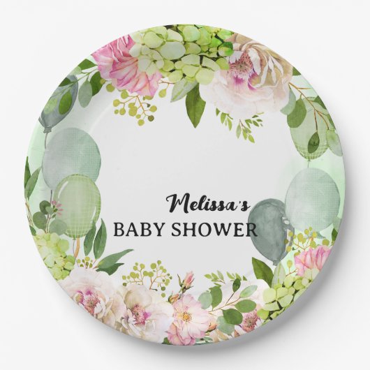 Grüne Hydrangea Rosa Blüten Salbei grüne Ballons Pappteller (Vorderseite)