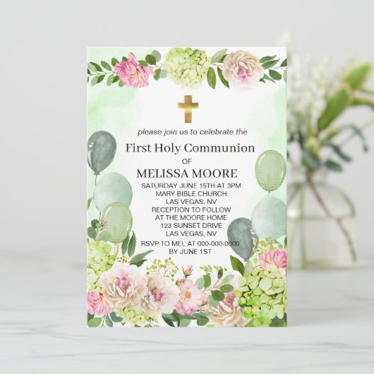 Grüne Hydrangea Rosa Floral Einladung (Stehend Vorderseite)