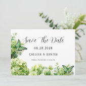 Grüne Hydrangea-Schmetterlinge speichern die Datum Einladung (Stehend Vorderseite)