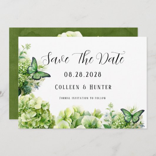 Grüne Hydrangea-Schmetterlinge speichern die Datum Einladung (Vorne/Hinten)