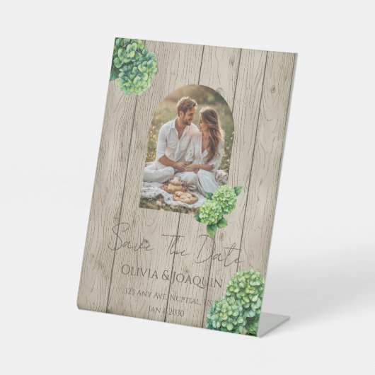 Grüne Hydrangeen-Hochzeitseinladung Sockelschild (Vorderseite)
