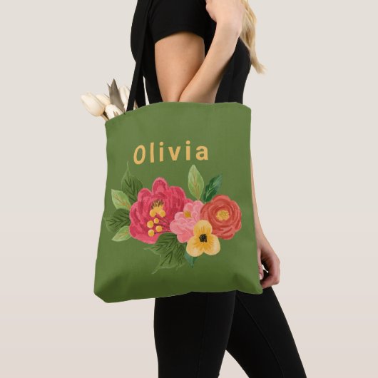 Grüne illustrierte Blumen-Tragetasche Tasche (Von Nahem)