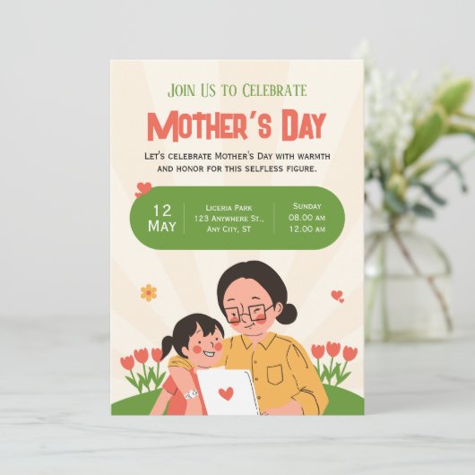 Grüne Illustrierte Muttertag einladen Einladung (Stehend Vorderseite)