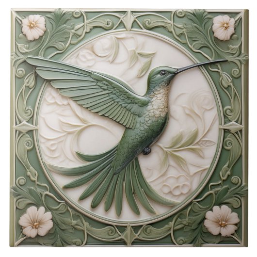 Grüne Imitate im Jugendstil Hummingbird R Fliese (Vorderseite)