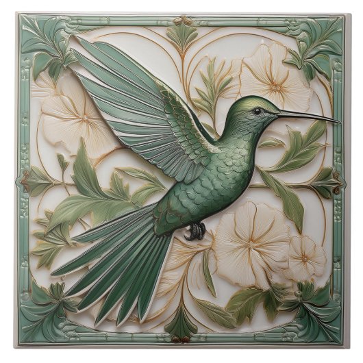 Grüne Imitate im Jugendstil Hummingbird R Fliese (Vorderseite)