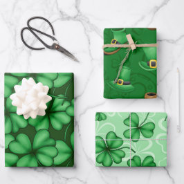 GRÜNE IRISCHE KLEEBLÄTTER PIPS TOP HATS GESCHENKPAPIER SET