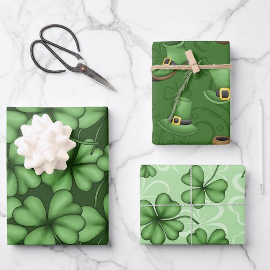 GRÜNE IRISCHE KLEEBLÄTTER PIPS TOP HATS GESCHENKPAPIER SET (Vorderseite)