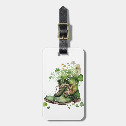 GRÜNE IRISH ARBEITSBOOTE MIT KLEEBLATTS BLUME GEPÄCKANHÄNGER (Vorderseite vertikal)