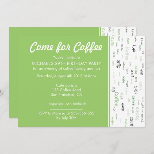 Grüne Kaffeekochen Geburtstagsfeierlichkeiten Einladung (Vorne/Hinten)