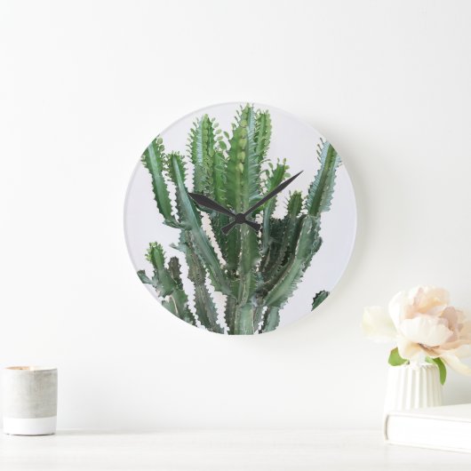 Grüne Kaktus: Minimalistischer weißer Hintergrund Große Wanduhr (Zuhause)